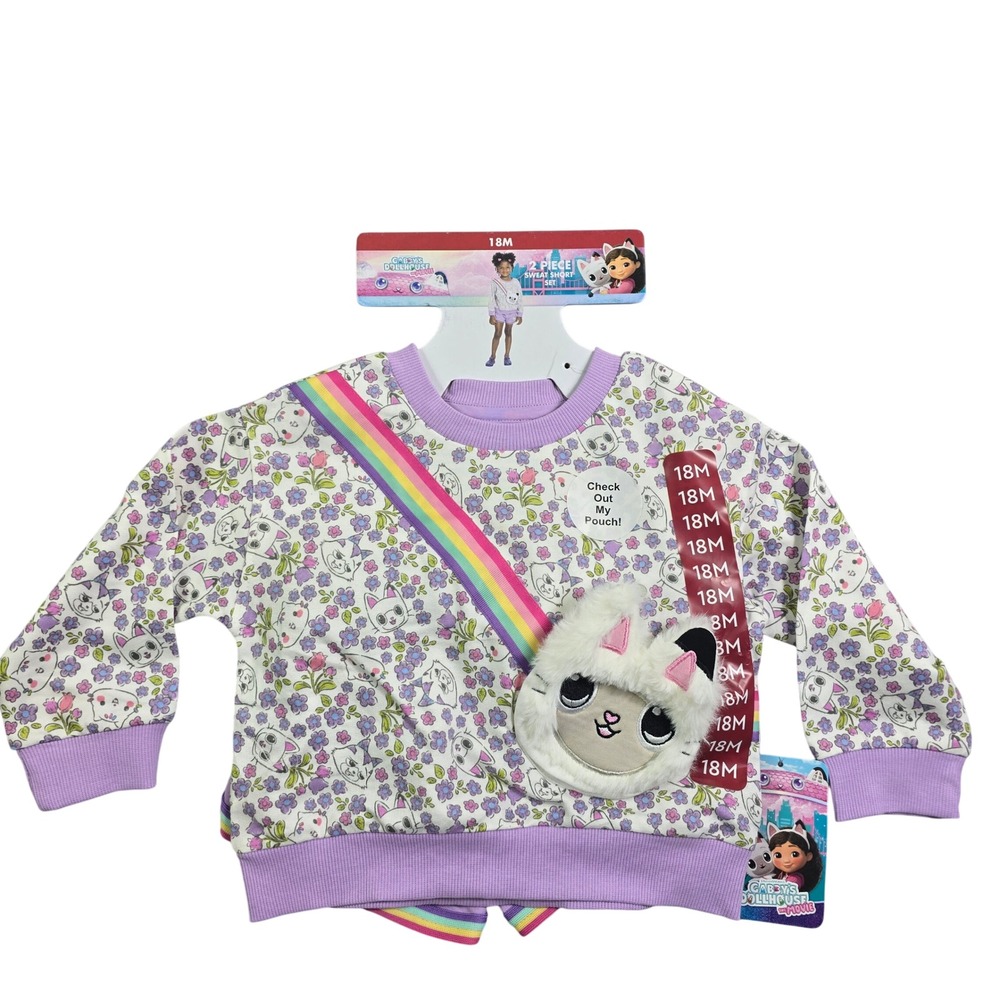 Gabby's Dollhouse Sweat Short Set Kids 18M Purple Floral Pandy Paws 2pc Outfit